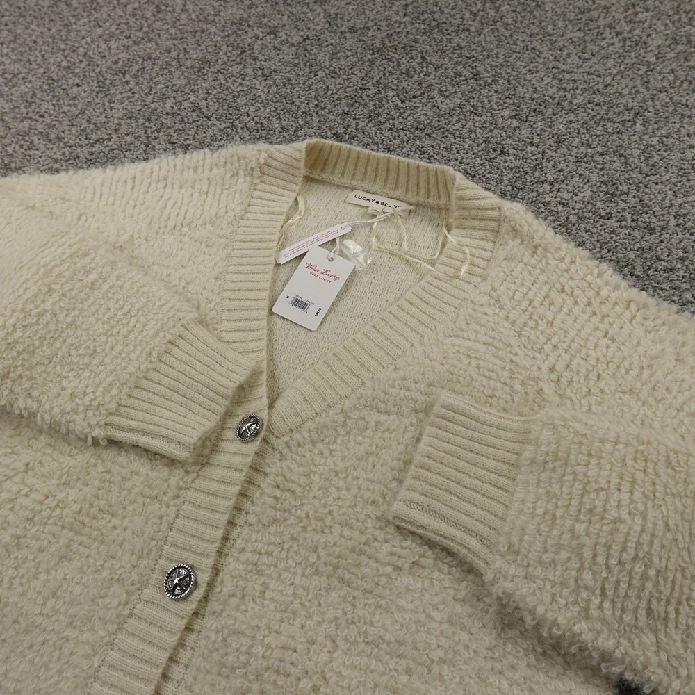 NEW Lucky Brand Cardigan Womens M‎ White Cream Boucle Knit Button Sweater Jacket